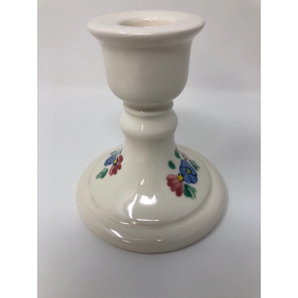 White Taper Candle Candlestick Holder Blue Pink Floral Design Pedestal Set of 2 - Picture 6 of 9